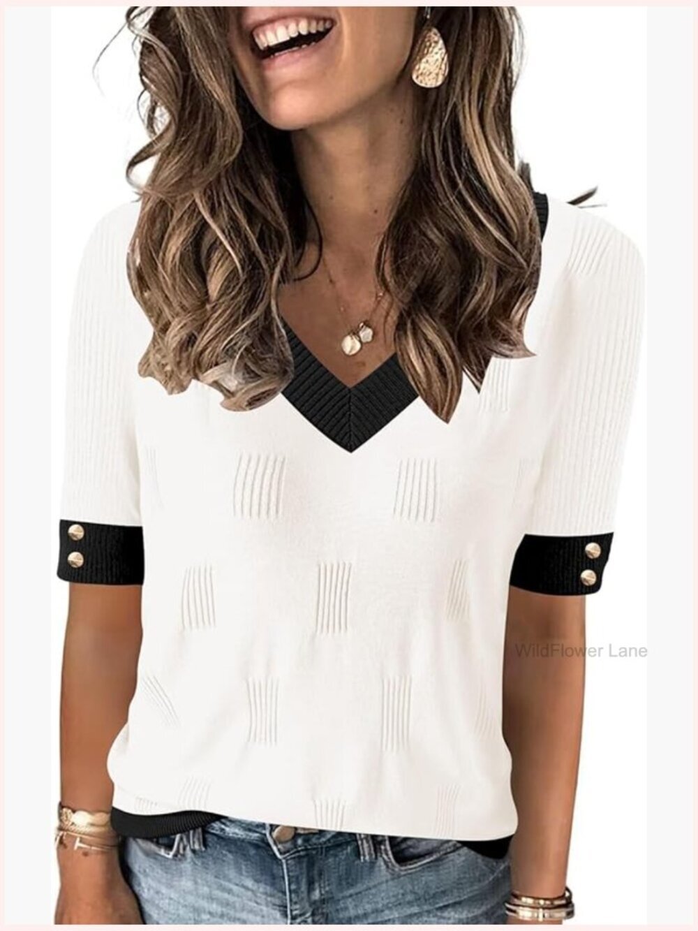 V Neck Short Sleeve Lightweight Sweater with Decorative Buttons